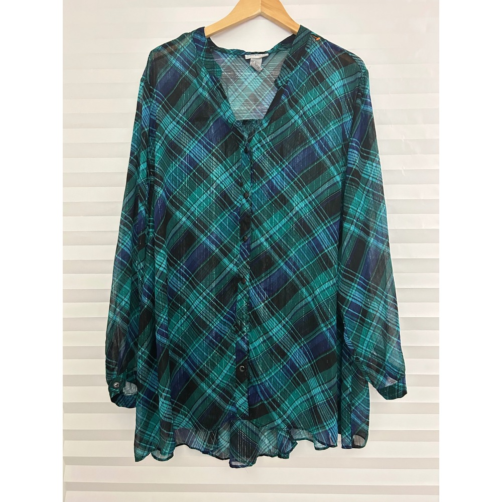 Catherines Women 4X Teal Plaid Metallic Sheer Button Front Tunic Blouse Top